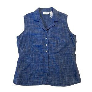 Vintage Liz Claiborne Large 100% Linen Sleeveless Collared weave Blouse Top Blue